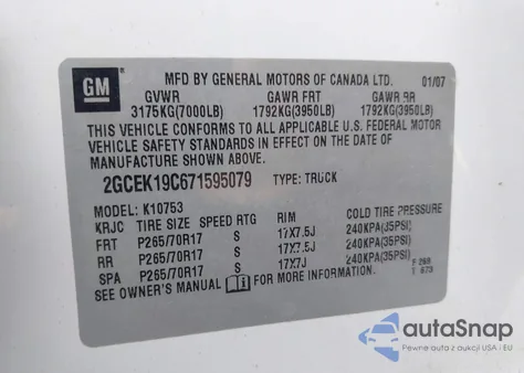 2007 Chevrolet Silverado 1500 Lt1 z USA, uszkodzony, nr VIN 2GCEK19C671595079